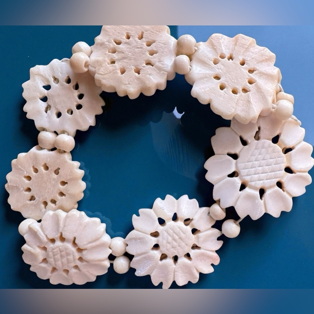 Hand Carved Vintage Edelweiss Floral Ivory Bracelet.